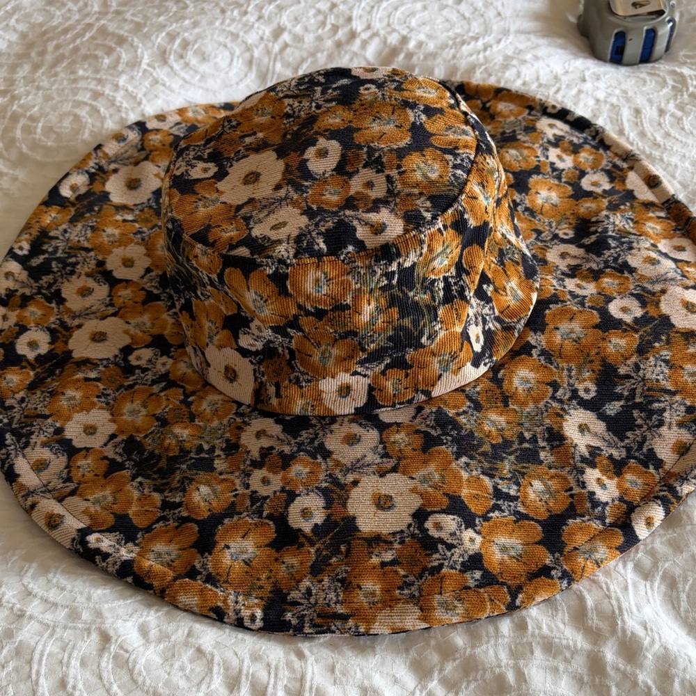 Anthropologie Floral Wide-Brim Hat - Black and Tan